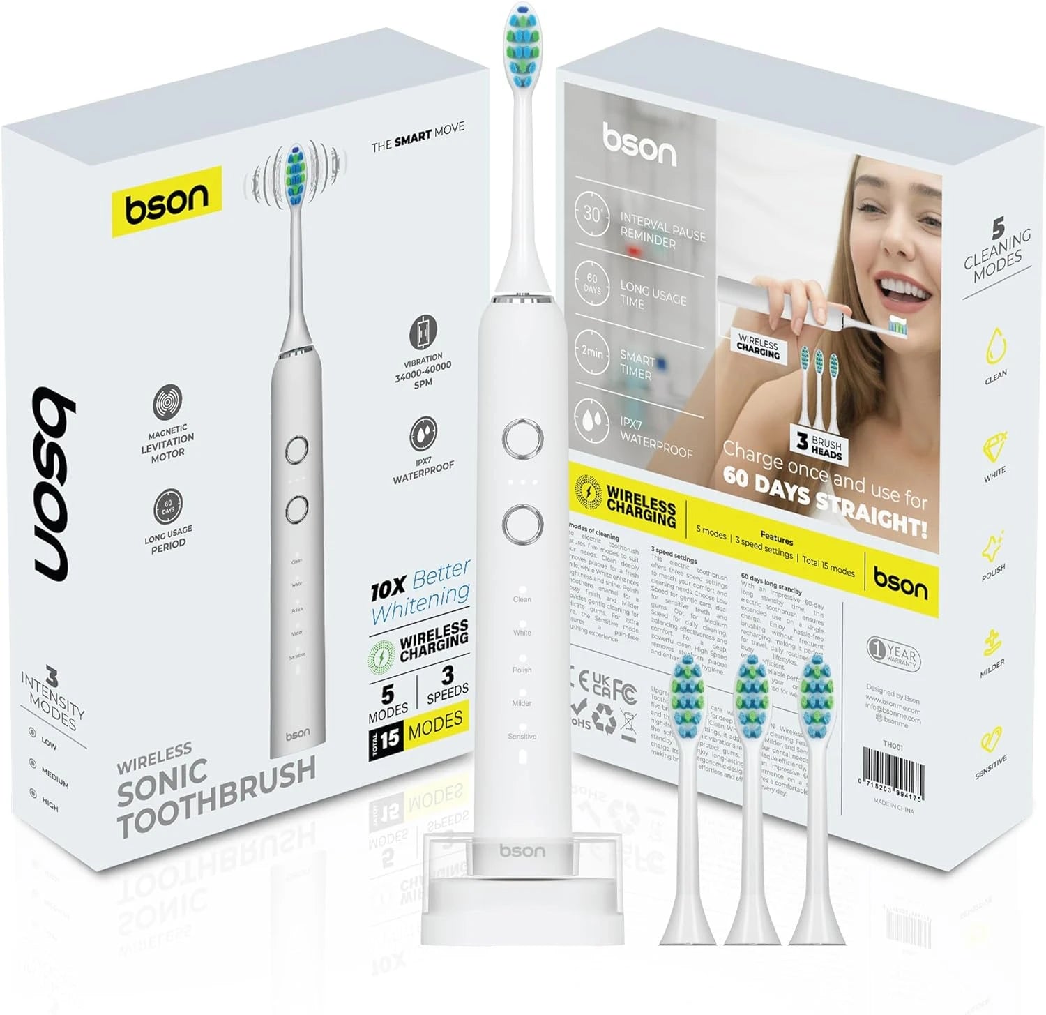 BSON Sonic Electric Toothbrush – Whitening, 15 Modes, 30-Day Battery